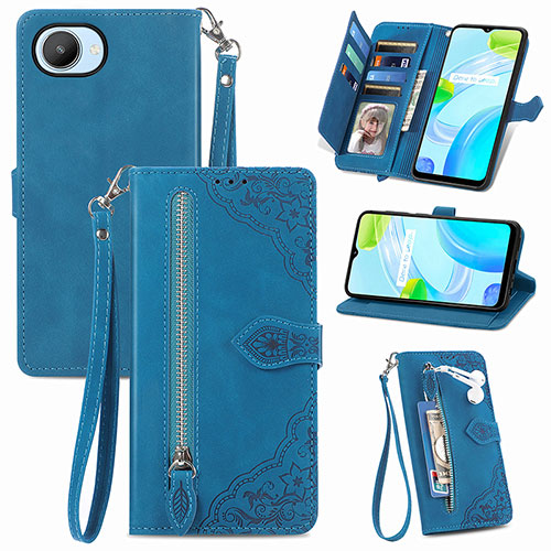 Leather Case Stands Flip Cover Holder S06D for Realme C30 Blue