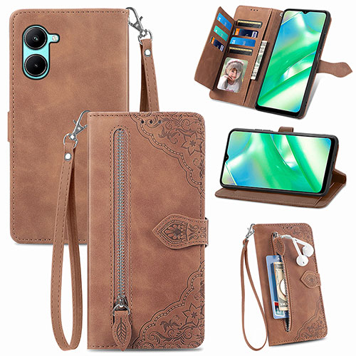 Leather Case Stands Flip Cover Holder S06D for Realme C33 (2023) Brown