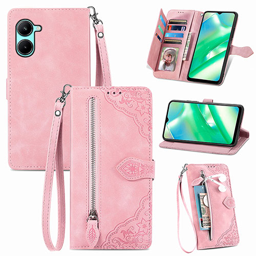 Leather Case Stands Flip Cover Holder S06D for Realme C33 (2023) Pink