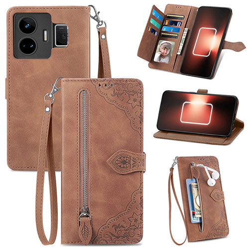 Leather Case Stands Flip Cover Holder S06D for Realme GT5 5G Brown