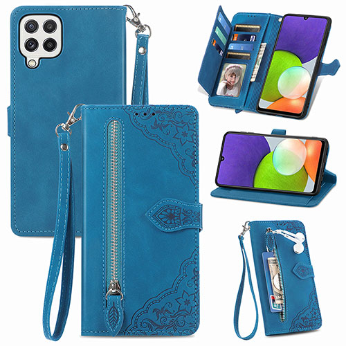 Leather Case Stands Flip Cover Holder S06D for Samsung Galaxy A22 4G Blue