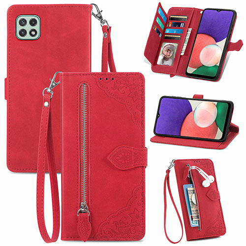 Leather Case Stands Flip Cover Holder S06D for Samsung Galaxy A22 5G Red