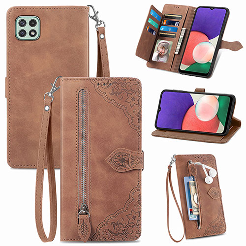 Leather Case Stands Flip Cover Holder S06D for Samsung Galaxy A22s 5G Brown