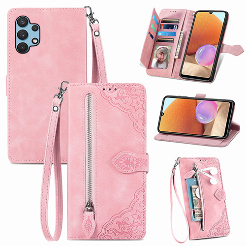 Leather Case Stands Flip Cover Holder S06D for Samsung Galaxy A32 4G Pink