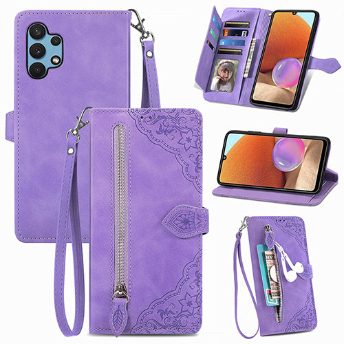 Leather Case Stands Flip Cover Holder S06D for Samsung Galaxy A32 4G Purple