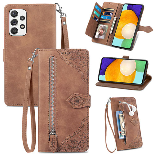 Leather Case Stands Flip Cover Holder S06D for Samsung Galaxy A52 5G Brown