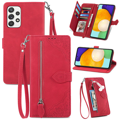 Leather Case Stands Flip Cover Holder S06D for Samsung Galaxy A52 5G Red