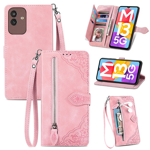 Leather Case Stands Flip Cover Holder S06D for Samsung Galaxy M13 5G Pink