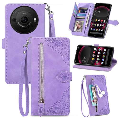 Leather Case Stands Flip Cover Holder S06D for Sharp Aquos R8 Pro Purple