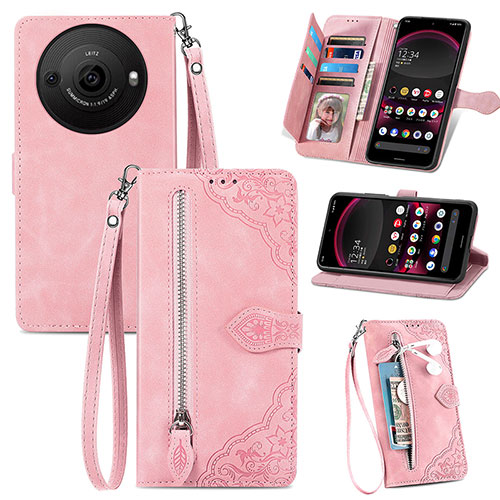 Leather Case Stands Flip Cover Holder S06D for Sharp Aquos R8s Pro Pink