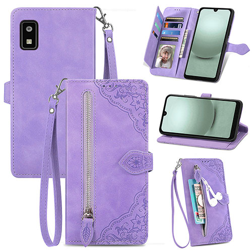 Leather Case Stands Flip Cover Holder S06D for Sharp Aquos wish3 Purple