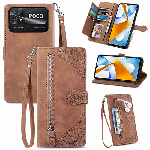 Leather Case Stands Flip Cover Holder S06D for Xiaomi Poco C40 Brown