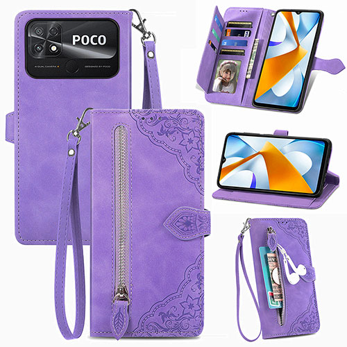 Leather Case Stands Flip Cover Holder S06D for Xiaomi Poco C40 Purple