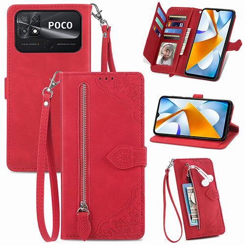 Leather Case Stands Flip Cover Holder S06D for Xiaomi Poco C40 Red