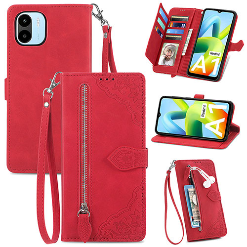 Leather Case Stands Flip Cover Holder S06D for Xiaomi Poco C50 Red