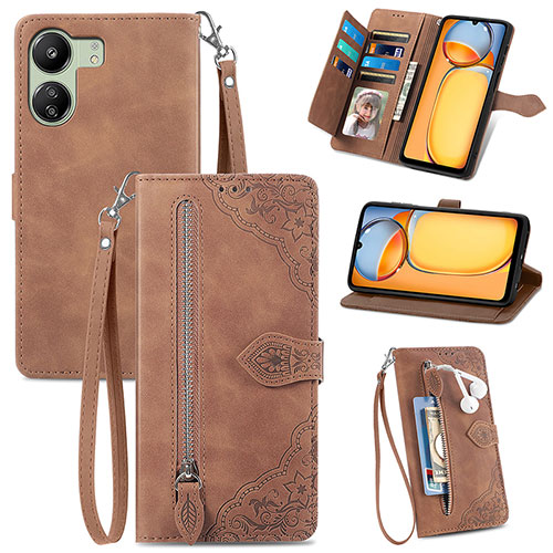 Leather Case Stands Flip Cover Holder S06D for Xiaomi Poco C65 Brown