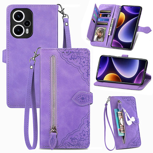 Leather Case Stands Flip Cover Holder S06D for Xiaomi Poco F5 5G Purple