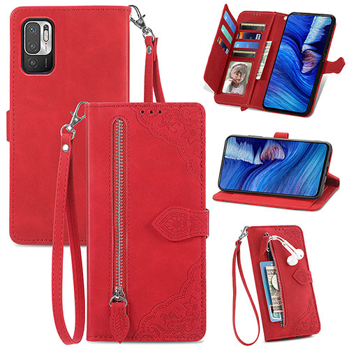 Leather Case Stands Flip Cover Holder S06D for Xiaomi POCO M3 Pro 5G Red