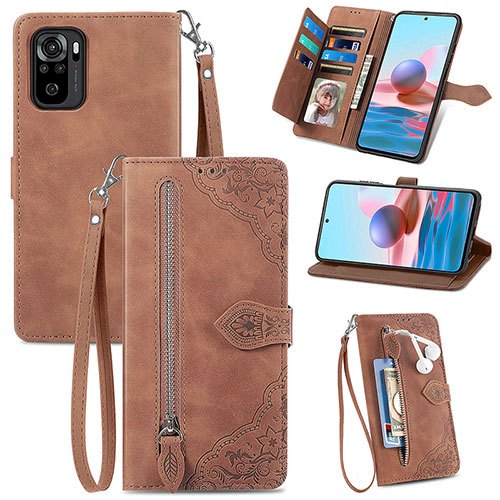 Leather Case Stands Flip Cover Holder S06D for Xiaomi Poco M5S Brown