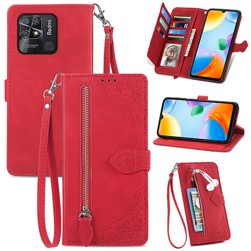 Leather Case Stands Flip Cover Holder S06D for Xiaomi Redmi 10 India Red