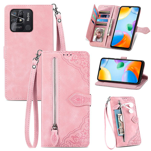 Leather Case Stands Flip Cover Holder S06D for Xiaomi Redmi 10 Power Pink
