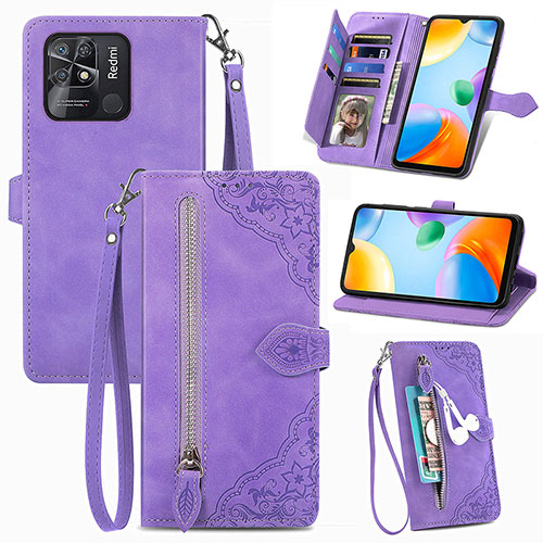 Leather Case Stands Flip Cover Holder S06D for Xiaomi Redmi 10 Power Purple