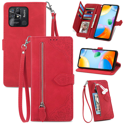 Leather Case Stands Flip Cover Holder S06D for Xiaomi Redmi 10 Power Red