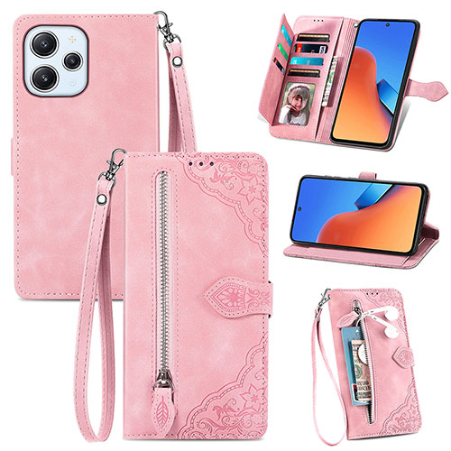 Leather Case Stands Flip Cover Holder S06D for Xiaomi Redmi 12 4G Pink