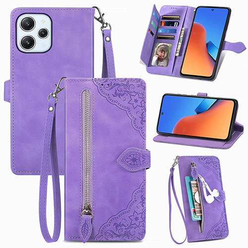 Leather Case Stands Flip Cover Holder S06D for Xiaomi Redmi 12 4G Purple