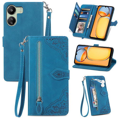 Leather Case Stands Flip Cover Holder S06D for Xiaomi Redmi 13C Blue