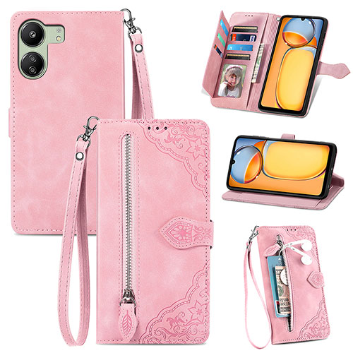 Leather Case Stands Flip Cover Holder S06D for Xiaomi Redmi 13C Pink