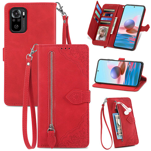 Leather Case Stands Flip Cover Holder S06D for Xiaomi Redmi Note 10 4G Red