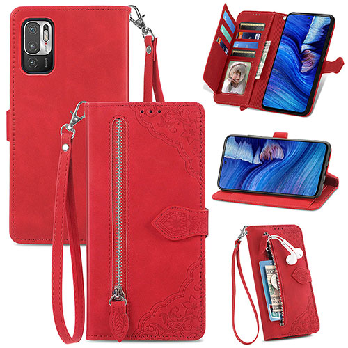 Leather Case Stands Flip Cover Holder S06D for Xiaomi Redmi Note 10 5G Red