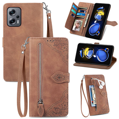 Leather Case Stands Flip Cover Holder S06D for Xiaomi Redmi Note 11T Pro 5G Brown