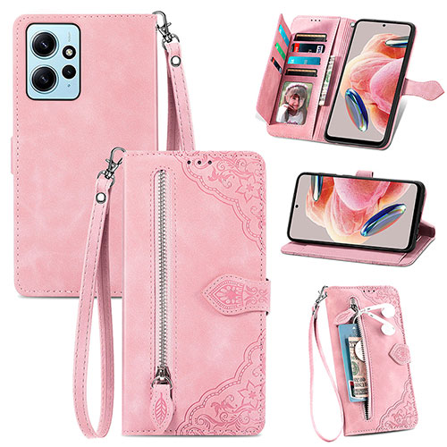 Leather Case Stands Flip Cover Holder S06D for Xiaomi Redmi Note 12 4G Pink