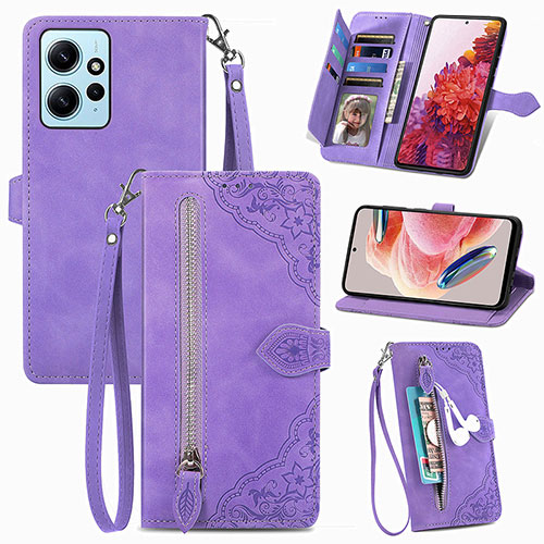 Leather Case Stands Flip Cover Holder S06D for Xiaomi Redmi Note 12 4G Purple