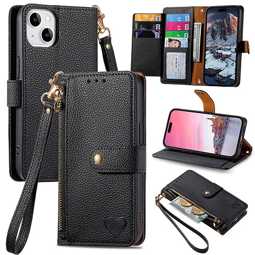 Leather Case Stands Flip Cover Holder S07D for Apple iPhone 15 Plus Black