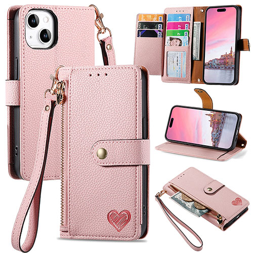 Leather Case Stands Flip Cover Holder S07D for Apple iPhone 15 Plus Pink