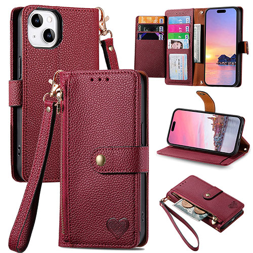 Leather Case Stands Flip Cover Holder S07D for Apple iPhone 15 Plus Red