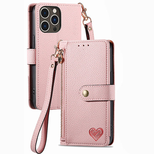 Leather Case Stands Flip Cover Holder S07D for Apple iPhone 15 Pro Max Pink