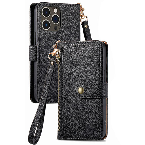 Leather Case Stands Flip Cover Holder S07D for Apple iPhone 16 Pro Black