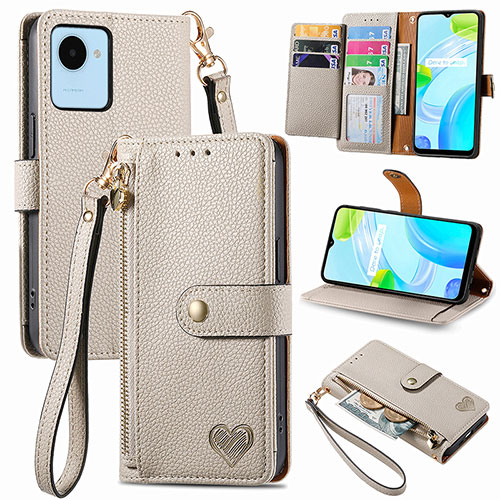 Leather Case Stands Flip Cover Holder S07D for Realme C30s Gray