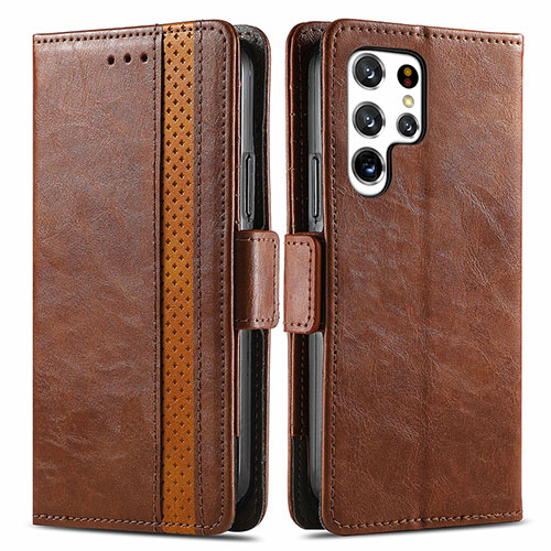 Leather Case Stands Flip Cover Holder S10D for Samsung Galaxy S21 Ultra 5G Brown