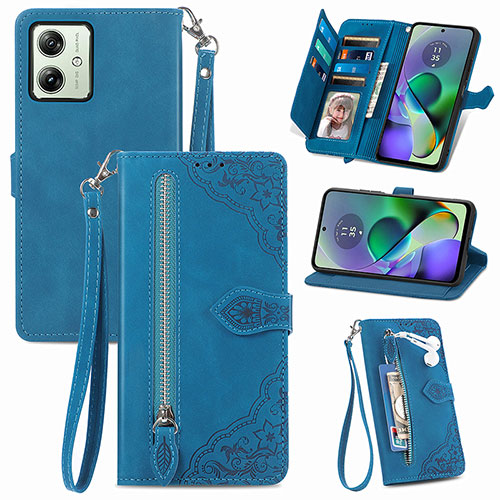 Leather Case Stands Flip Cover Holder S14D for Motorola Moto G54 5G Blue