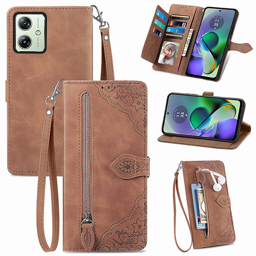 Leather Case Stands Flip Cover Holder S14D for Motorola Moto G54 5G Brown