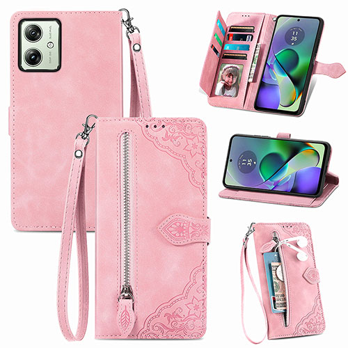 Leather Case Stands Flip Cover Holder S14D for Motorola Moto G54 5G Pink