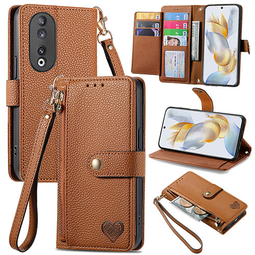 Leather Case Stands Flip Cover Holder S15D for Huawei Honor 90 5G Brown