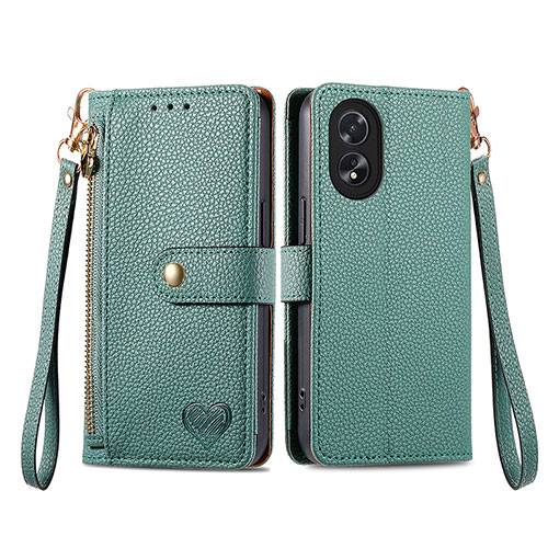 Leather Case Stands Flip Cover Holder S15D for Oppo A38 Green