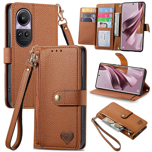 Leather Case Stands Flip Cover Holder S15D for Oppo Reno10 Pro 5G Brown