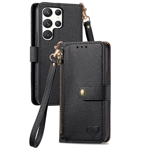 Leather Case Stands Flip Cover Holder S15D for Samsung Galaxy S22 Ultra 5G Black